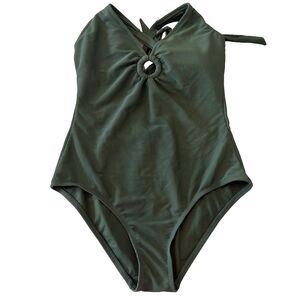 Shade & Shore Womens L (12-14) One Piece Swimsuit Olive Green Ribbed Plunge Tie